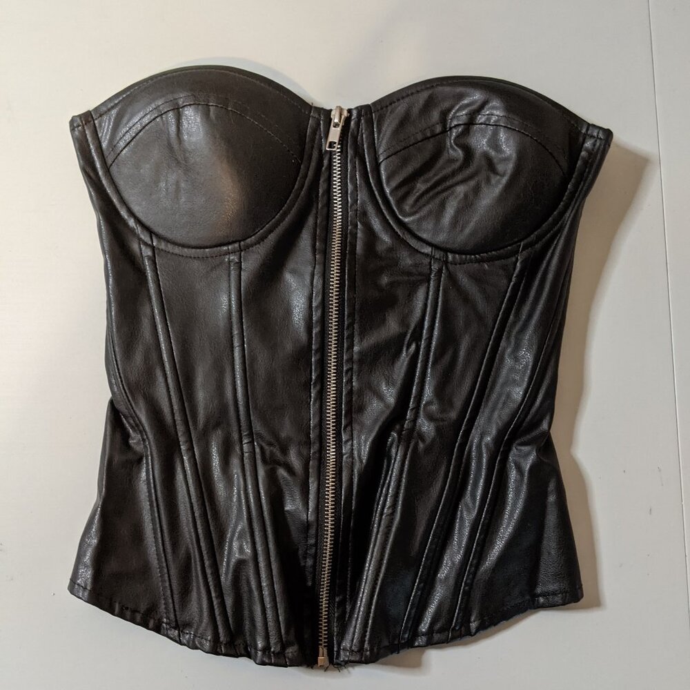 Charlotte Russe Women's Faux Leather Black Corset, Silver Zip Up, Size S